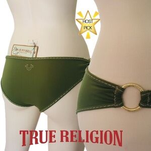 True RELIGION Bikini Bottom Super Ultra Low Rise Hipster Olive Green Metal Rings